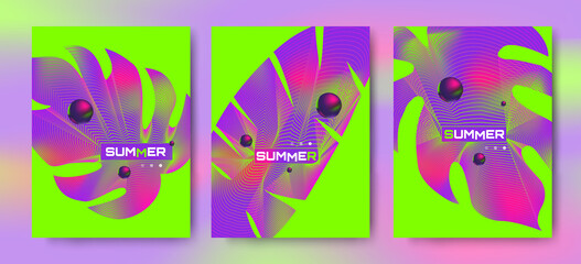 summer posters set with tropical leaves futuristic design vector illustration