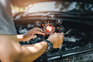 Car business concept and technology on virtual screen, Serviceman working onsite use tablet check service cycle for maintenance of car with the engine room in the background, Smart work of car service - Powered by Adobe