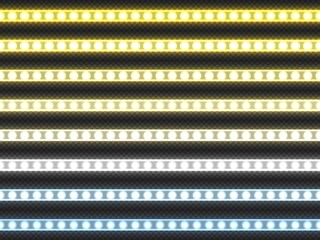 Obraz premium White LED strip. Realistic white light decorative ribbon of different color temperature 3000 and 6500 Kelvin. Vector glowing diode tapes isolate set