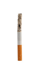 Burning cigarette isolated on white background. Drugs are harmful to the lungs.