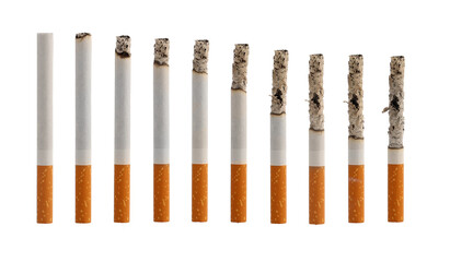 Set of burning cigarette isolated on white background. Drugs are harmful to the lungs.