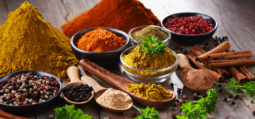 Variety of spices on kitchen table