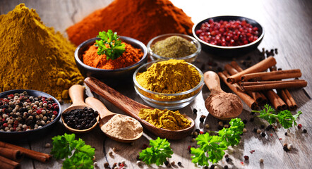 Variety of spices on kitchen table