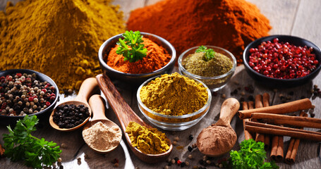Variety of spices on kitchen table