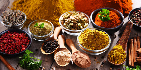 Variety of spices on kitchen table