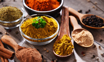 Variety of spices on kitchen table