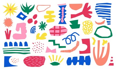 Doodle organic shape. Abstract geometric figures and florist minimalistic folk elements, nature chaotic textures. Vector blob brush doodle scribbles isolated set