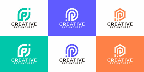 Set of creative line art letter p logo vector concept