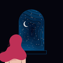 Redhead woman looking at the sky through the window. Dark sky with moon and bright stars in paper cutout effect. Midnight background. Vector illustration.