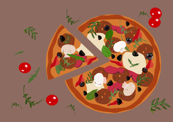 Pizza with basil leaves, tomatoes, sauce, mozzarella cheese, mushrooms and black olives.