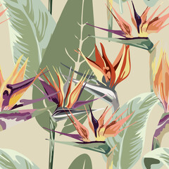 740_Strelitzia Seamless wallpaper, abstract pattern of exotic tropical plants, flowers, strelitzia leaves, textile composition, hand drawn style print, vector illustration