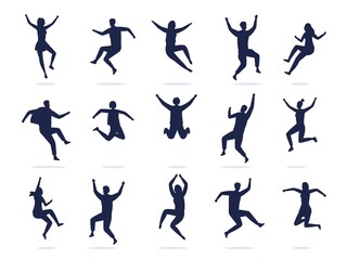 Jumping people silhouette. Happy active dancing men and women celebrating and have fun. Vector black symbols of boys and girls enjoy party