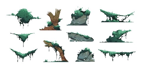 Cartoon moss. Swamp green lichen and fungus on old logs and rocks, game asset graphic template. Vector bog plants isolated on white © Tartila