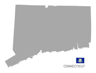 Gray map of federal state of Connecticut, USA. Silhouette of Connecticut outline editable map with borders and flag of federal state realistic vector illustration