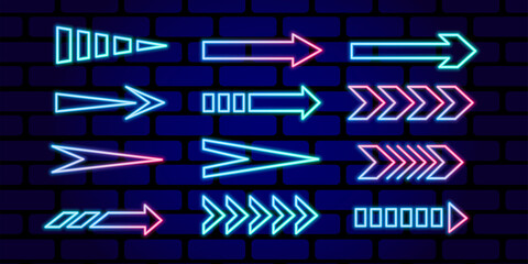 Set of neon glowing arrows showing directions.