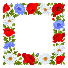 Obraz premium Square frame with wildflowers. Red poppy flowers, white daisies, blue cornflowers, leaves isolated on a white background. Vector illustration
