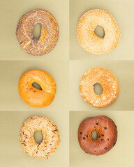 Variety of fresh bagels on green background