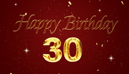 Fototapeta na wymiar Thirty years birthday Anniversary number 30 foil gold balloon. Happy birthday, congratulations poster. Golden numbers with sparkling golden confetti on Red Background. 3D Rendering