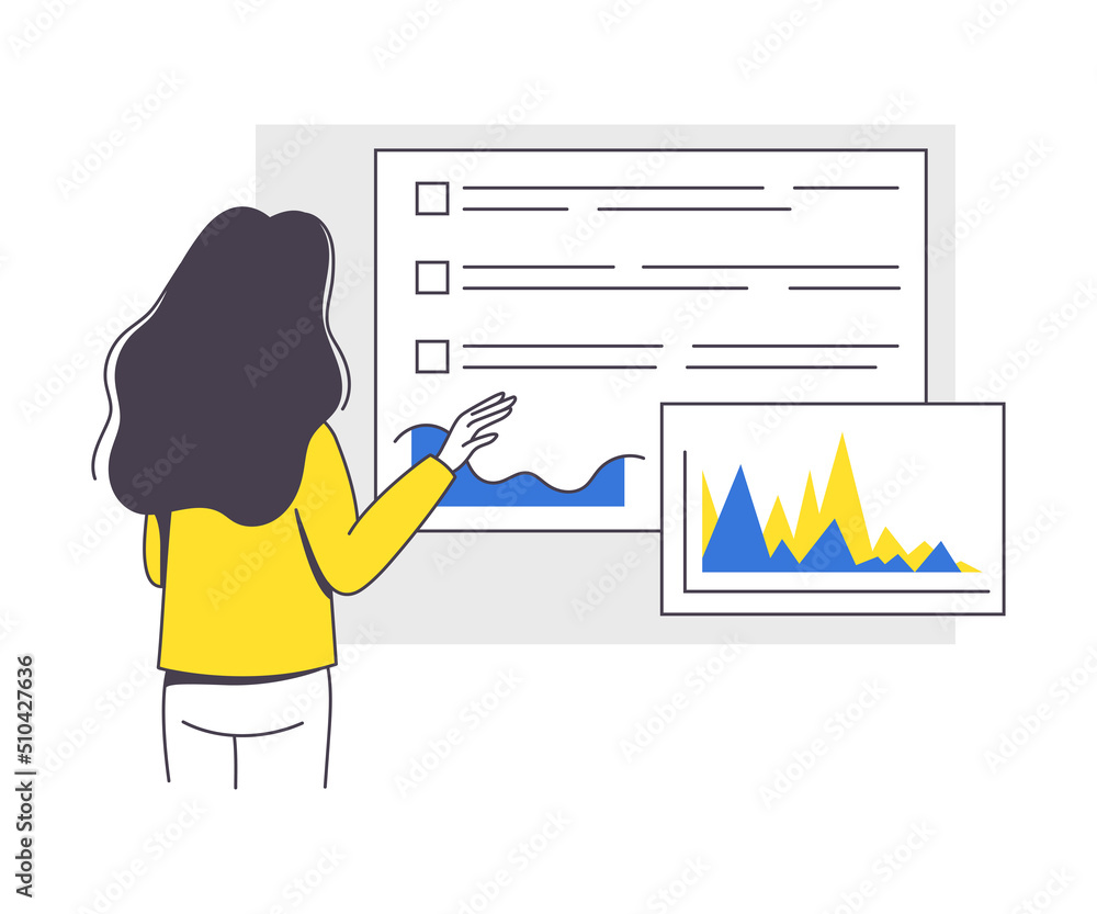 Poster online conference with woman showing graph presentation via internet platform outline vector illustr