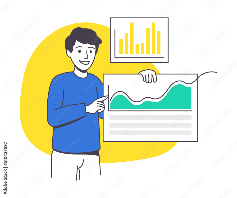 Poster online conference with man showing graph presentation via internet platform outline vector illustrat