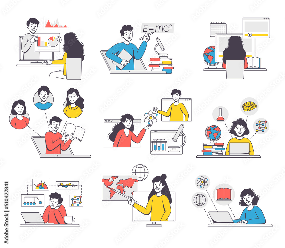 Poster online learning with man and woman student and instructor engaged in virtual classes outline vector 
