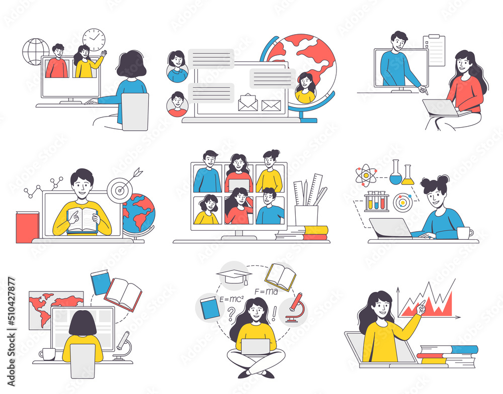 Poster online learning with man and woman student and instructor engaged in virtual classes outline vector 