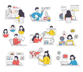 Online Learning with Man and Woman Student and Instructor Engaged in Virtual Classes Outline Vector Set