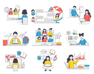 Online Learning with Man and Woman Student and Instructor Engaged in Virtual Classes Outline Vector Set