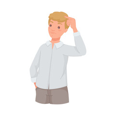 Pensive Man Character Scratching Head Thinking and Considering Something Vector Illustration