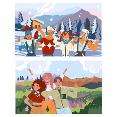 Group of Happy People on Landscape Background Smiling and Cheering Vector Set