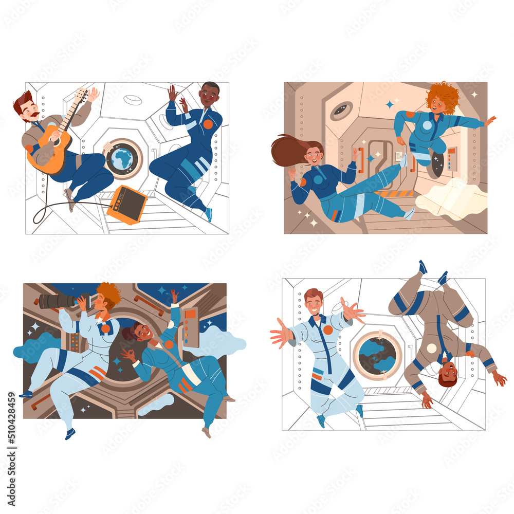 Poster people astronaut character in outer space in spacesuit flying on space shuttle vector set