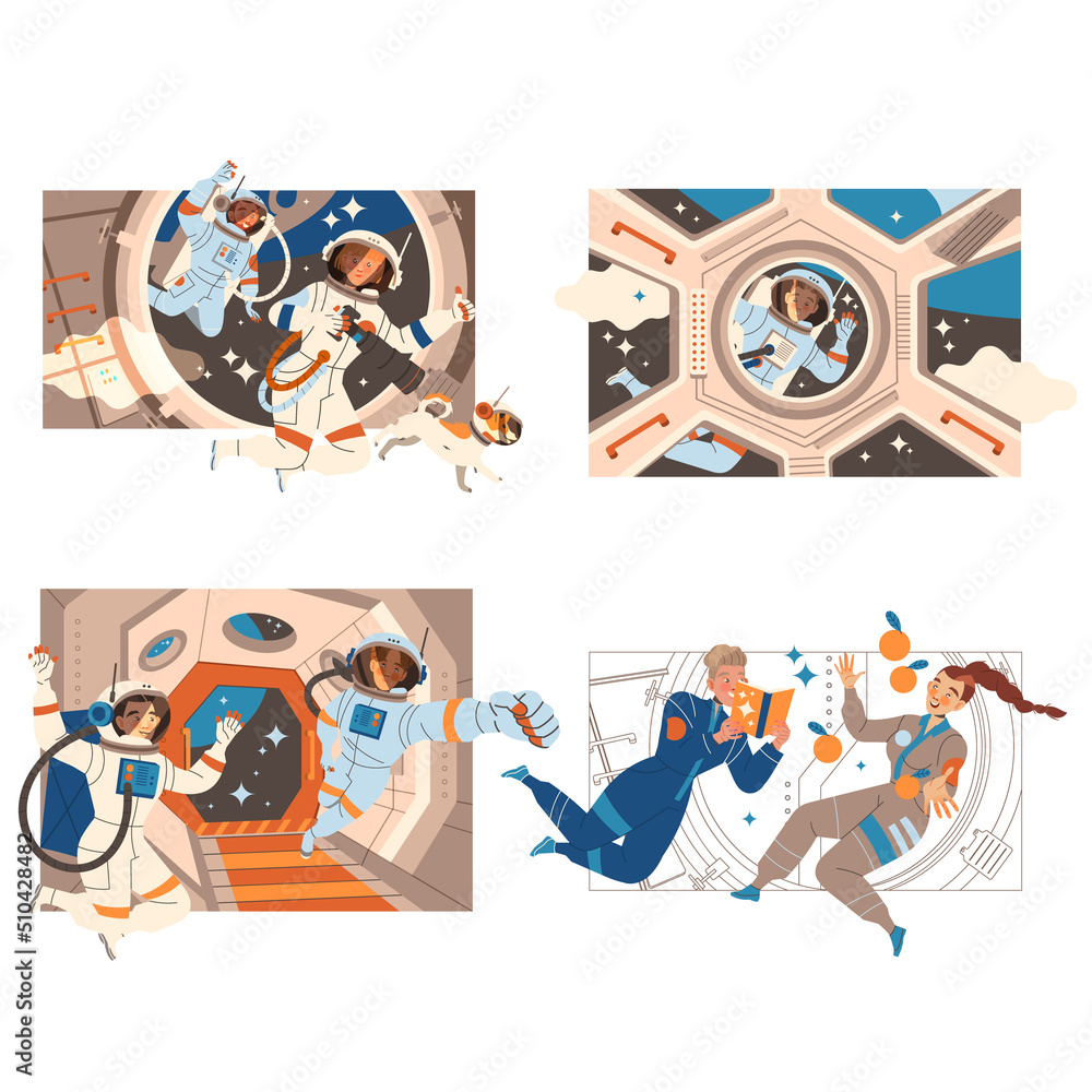 Poster people astronaut character in outer space in spacesuit flying on space shuttle vector set