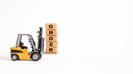 Industry and business transportation with forklift loading product box.economy with demand and supply concepts.