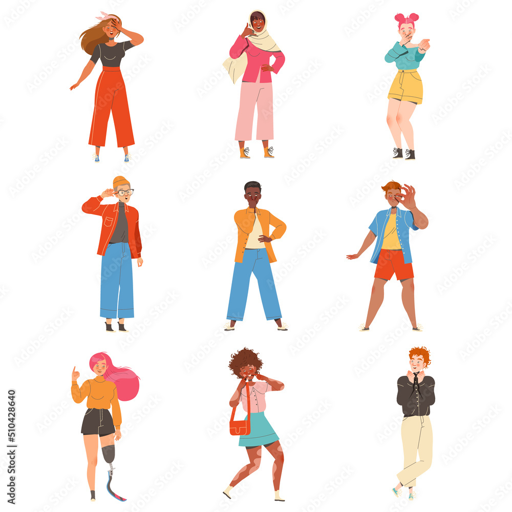 Aufkleber people character showing different hand gesture expressing emotion with body language vector set
