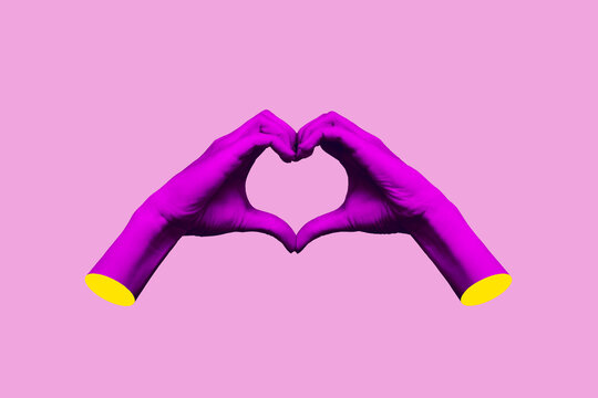 Purple human female hands showing a heart shape isolated on a pink color background. Feelings and emotions. 3d trendy collage in magazine style. Contemporary art. Modern design 