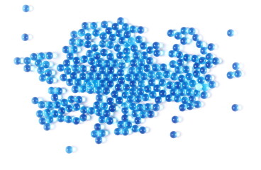 Blue translucent gelatinous, jellied balls isolated on white, top view