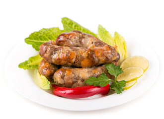 sausage pork fried on a white plate