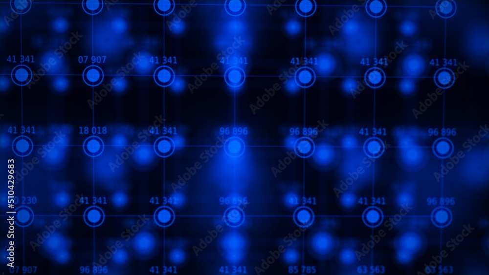 Poster Ordered structure with blue circles and numbers. Futuristic infografic. Financial analytics. Network connection. Technology blockchain concept. Connecting dots and lines on dark background. 3d