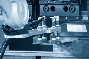 The high technology sheet metal forming by robotic arm with hydraulic press brake machine.