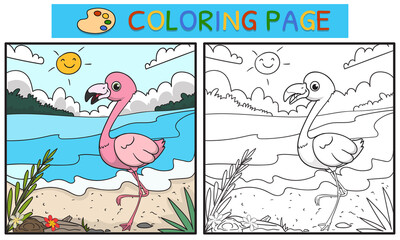 coloring pages or books for children. cute flamingo illustration on the river © wisnu_Ds
