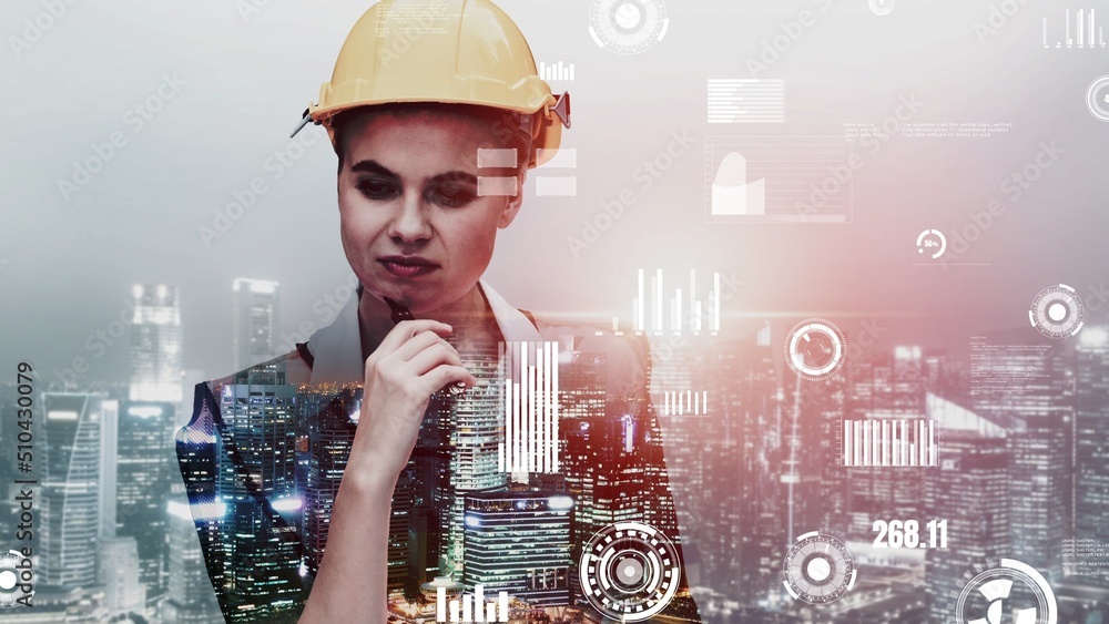 Poster future building construction and inventive engineering project concept with hud hologram graphic des