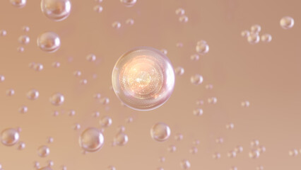3D rendering Cosmetics Pink  Gold Serum bubbles on defocus background. Collagen bubbles Design. Moisturizing Cream and Serum Concept. Vitamin for personal care and beauty concept. 