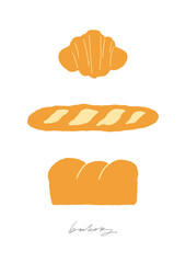 Bread, baguette and croissant illustration. Set of bakery elements on the white background