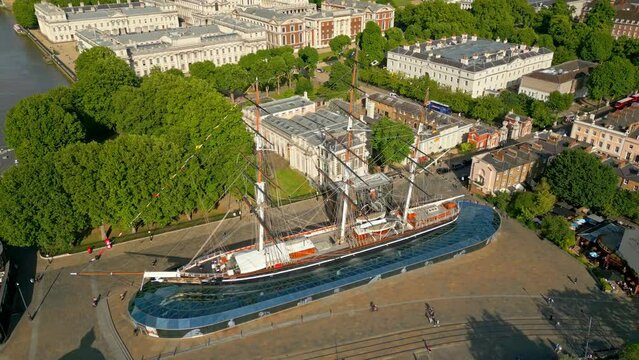 Famous Cutty Sark Sailing ship in London Greenwich - aerial view - travel photography