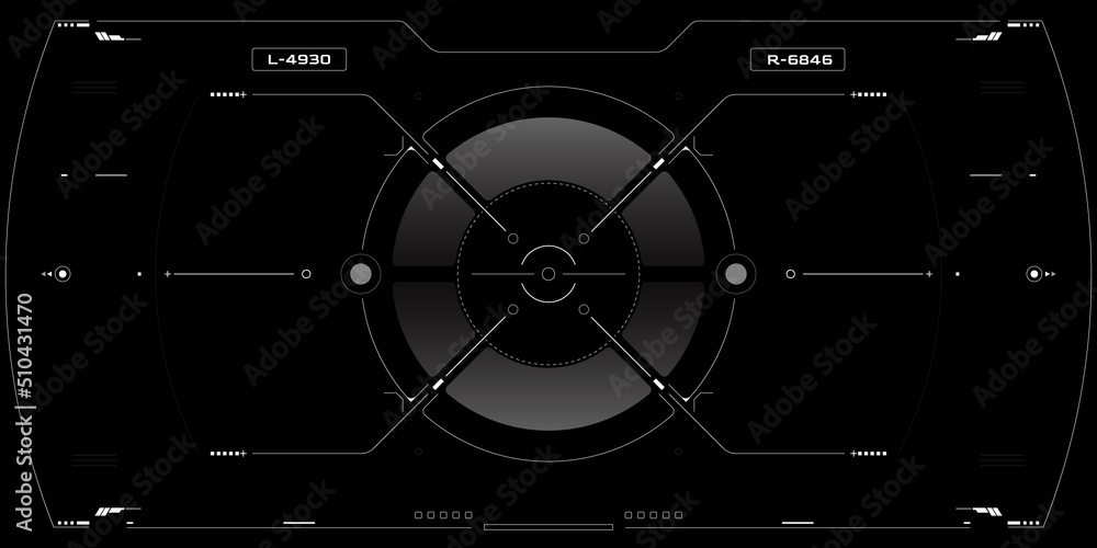 Aufkleber Technology HUD Automatic Target Scanning User Interface Screen Monitoring Vector. Abstract Scifi Control Monitor Panel Aiming, Cockpit Enemy Searching illustration.