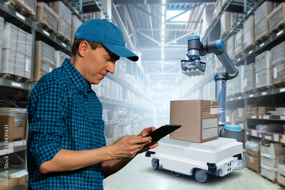 Poster Warehouse manager with digital tablet controls robots