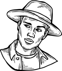 Handsome man wear stylish cap. Friendly face portrait. Street urban fashion for hipster, model, student, young, adult. Hand drawn retro vintage vector illustration. Old style comic cartoon drawing.