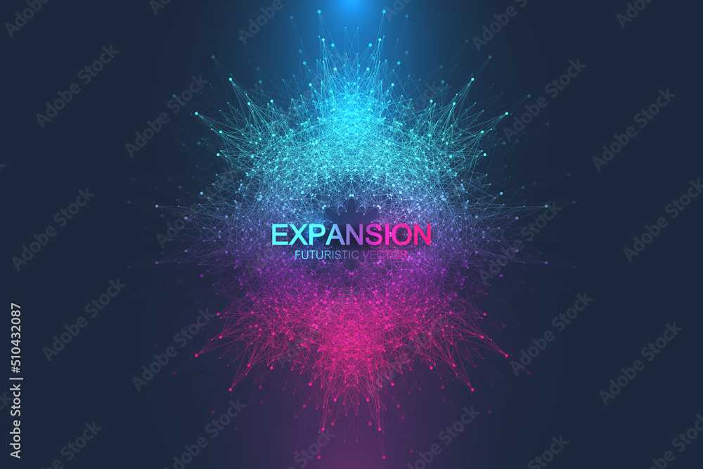 Poster expansion of life. colorful explosion background with connected line and dots, wave flow. visualizat