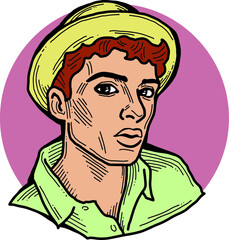 Handsome man wear stylish cap. Friendly face portrait. Street urban fashion for hipster, model, student, young, adult. Hand drawn retro vintage vector  illustration. Old style comic cartoon drawing.