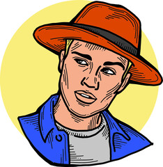Handsome man wear stylish cap. Friendly face portrait. Street urban fashion for hipster, model, student, young, adult. Hand drawn retro vintage vector  illustration. Old style comic cartoon drawing.